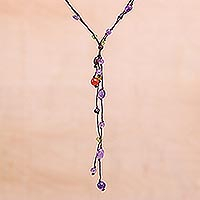Amethyst and garnet pendant necklace, 'Gem Rave' - Beaded Amethyst Necklace