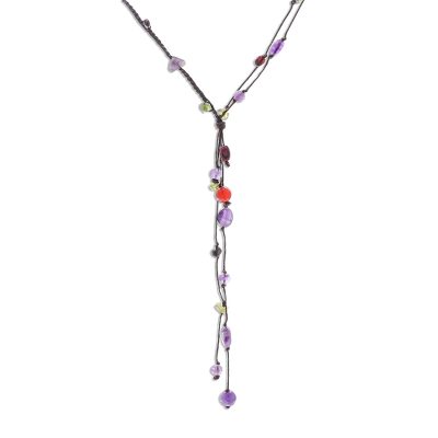 Amethyst and garnet pendant necklace, 'Gem Rave' - Beaded Amethyst Necklace