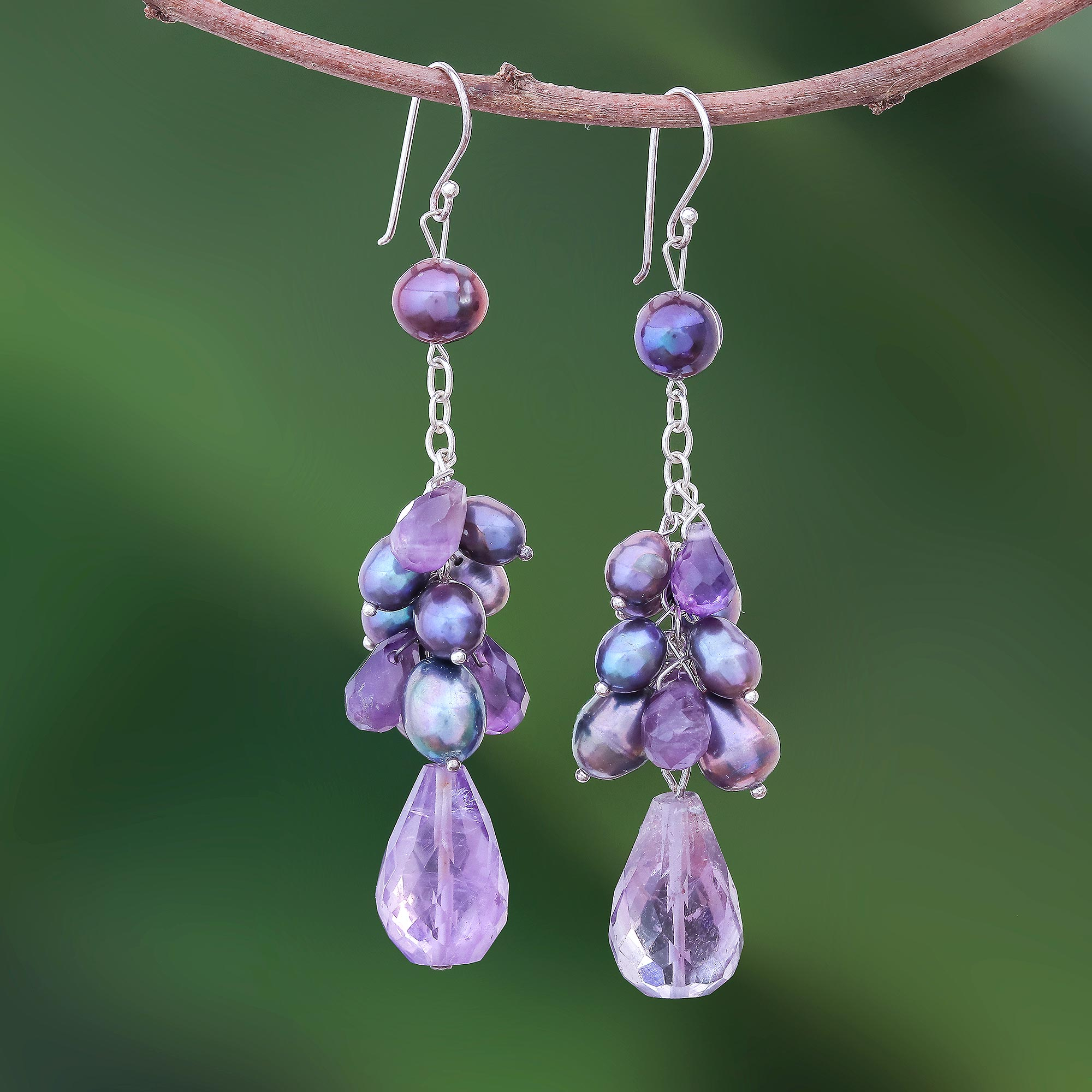 Handmade Pearl and Amethyst Earrings - Surreal Sophistication | NOVICA