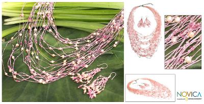 Pearl and rose quartz jewelry set, 'Rushing Pink' - Pearl and Rose Quartz Necklace and Earrings Jewelry Set