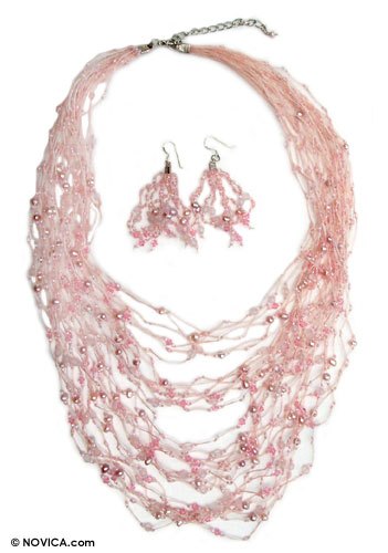 Pearl and rose quartz jewelry set, 'Rushing Pink' - Pearl and Rose Quartz Necklace and Earrings Jewelry Set