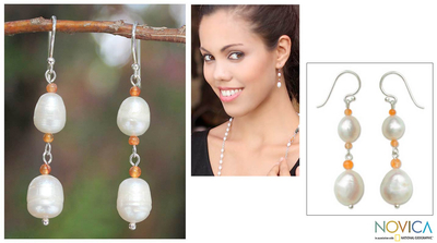 Pearl and carnelian dangle earrings, 'Nature's Melody' - Sterling Silver Pearl Dangle Earrings