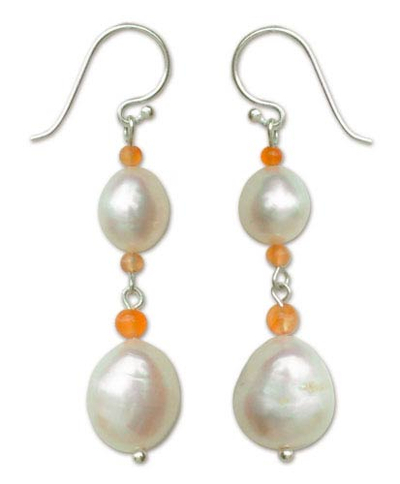 Pendientes colgantes de perla y cornalina - Pendientes colgantes de perlas de plata de ley