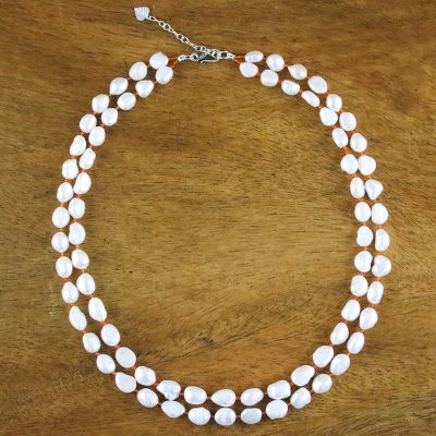 Pearl and carnelian strand necklace, 'Sunny Clouds' - Bridal Pearl Necklace