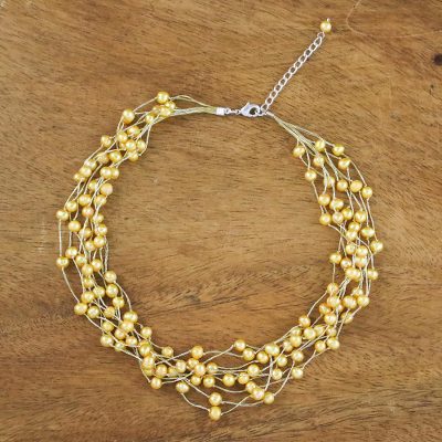 Pearl strand necklace, 'Golden Web of Beauty' - Pearl Strand Necklace Handmade in Thailand