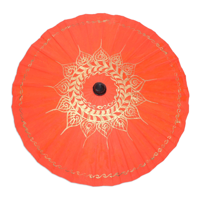 Saa paper parasol, 'Motifs on Tangerine' - Unique Saa Paper Parasol in Orange with Gold Accents