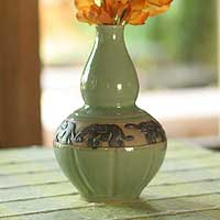 Celadon ceramic vase, 'Elephant Heralds' - Handmade Celadon Ceramic Vase from Thailand