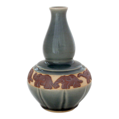 Celadon ceramic vase, 'Elephant Sky Heralds' - Celadon ceramic vase