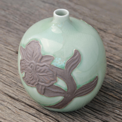 Celadon ceramic vase, 'Green Orchid Bubble' - Celadon ceramic vase
