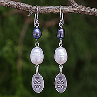 Cultured pearl dangle earrings, 'Hill Tribe Blue' - Fair Trade Silver and Cultured Pearl Earrings
