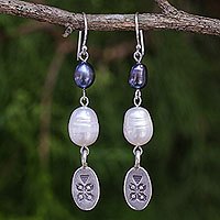 Cultured pearl dangle earrings, Hill Tribe Blue