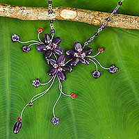 Amethyst choker, 'Floral Cascade' - Hand Made Floral Beaded Amethyst Necklace