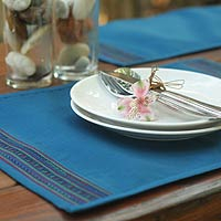 Placemats, 'Blue Distinction' (set of 6) - Set of 6 Blue Patterned Cotton-Blend Placemats from Thailand