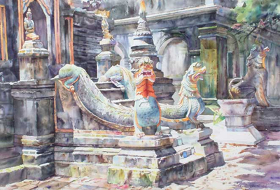'Guarding Serpents' - Architectural Painting from Thailand