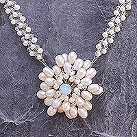 Pearl and rose quartz choker, 'Chrysanthemum' - Unique Bridal Pearl Necklace