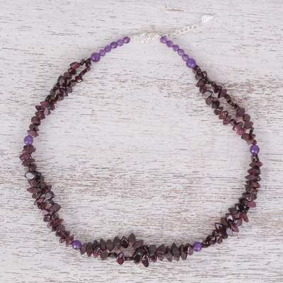 Garnet and amethyst strand necklace, 'Grape Garland' - Unique Beaded Garnet Necklace