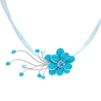 Beaded choker, 'Blue Floral Chic' - Beaded Flower Necklace