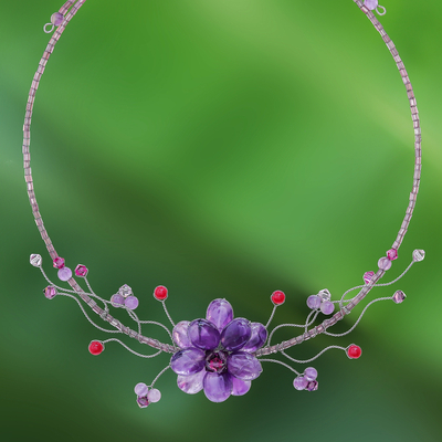 Amethyst and quartzite flower necklace, Lilac Bouquet
