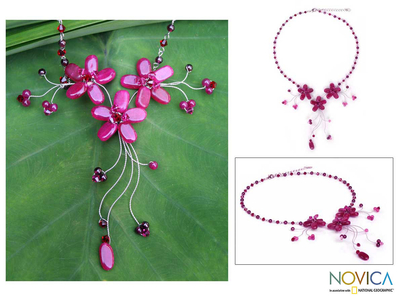 Quartzite and garnet flower necklace, 'Red Rosebud Burst' - Fair Trade Beaded Quartz Necklace