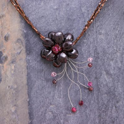 Garnet flower necklace 'Scarlet Floral Chic' - Floral Quartz and Garnet Necklace