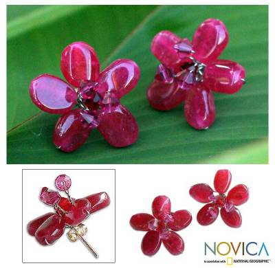 Sterling silver button earrings, 'Crimson Flower' - Unique Quartz Button Earrings