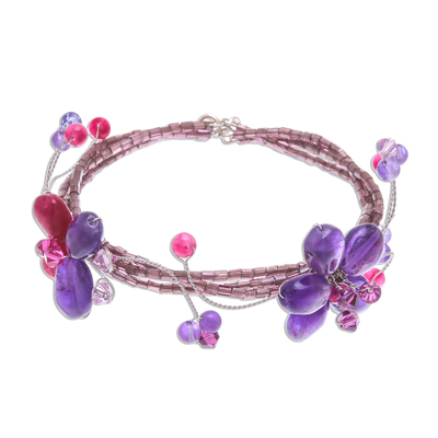 Amethyst wrap bracelet, 'Violet Dreams' - Hand Made Amethyst Flower Bracelet