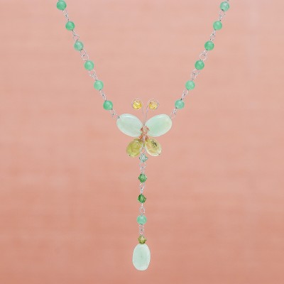 Peridot pendant necklace, 'Butterfly Secrets' - Beaded Peridot Necklace