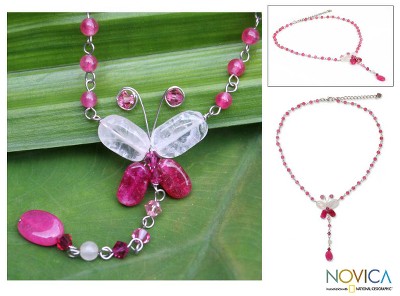 Rose quartz pendant necklace, 'Butterfly Secrets' - Beaded Rose Quartz Y Necklace