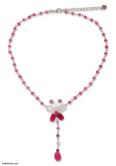 Rose quartz pendant necklace, 'Butterfly Secrets' - Beaded Rose Quartz Y Necklace