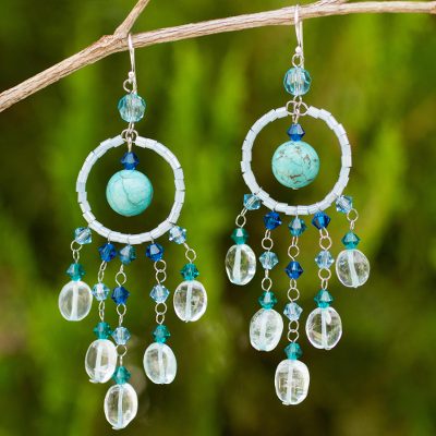 Topaz chandelier earrings, 'Azure Dreamcatcher' - Handmade Beaded Earrings from Thailand