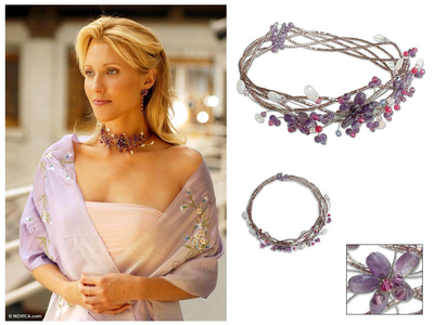 Amethyst and rose quartz collar necklace, Three Lilac Blossoms