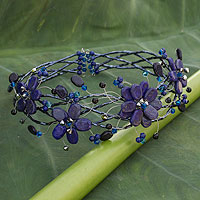 Lapis lazuli choker, 'Three Blue Blossoms' - Hand Made Floral Beaded Lapis Lazuli Necklace