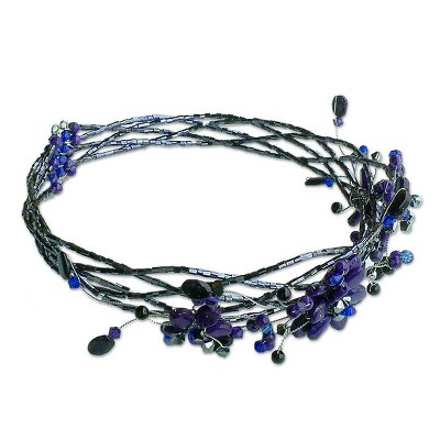 Lapis lazuli choker, 'Three Blue Blossoms' - Hand Made Floral Beaded Lapis Lazuli Necklace