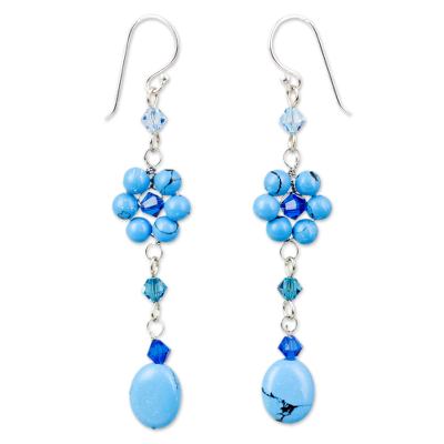 Sterling silver floral earrings, 'Sweet Blue Eternal' - Fair Trade Floral Beaded Earrings