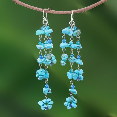 Turquoise cluster earrings, 'Quiet Rain' - Beaded Reconstituted Turquoise Earrings