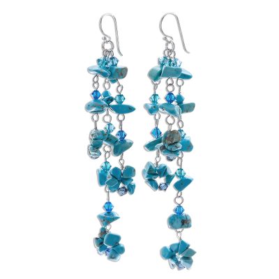 Turquoise cluster earrings, 'Quiet Rain' - Beaded Reconstituted Turquoise Earrings