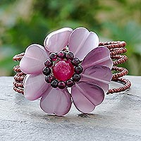 Garnet wrap bracelet, 'Garnet Blossom' - Beaded Garnet and Quartz Bracelet