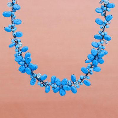Choker, 'Wish of Blue' - Handmade Floral Beaded Necklace