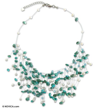 Cultured pearl beaded necklace, 'Tropical Cloudfall' - Beaded Cultured Pearl Necklace