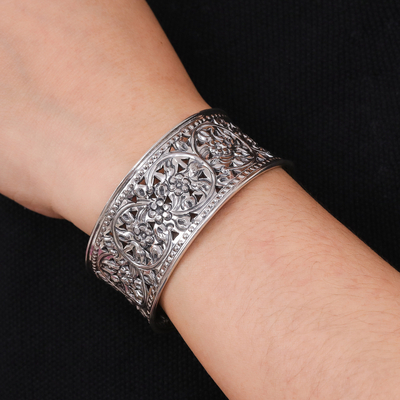 Sterling silver cuff bracelet, 'Renewal' - Floral Silver Cuff Bracelet
