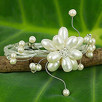 Pearl wrap bracelet, 'Pearl Flower' - Bridal Pearl Bracelet