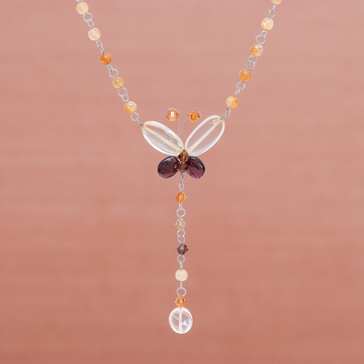 Citrine and garnet pendant necklace, 'Butterfly Secrets' - Citrine and Garnet Pendant Necklace