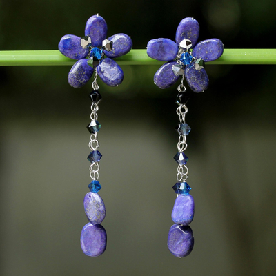 Pendientes florales de lapislázuli - Pendientes colgantes de lapislázuli con cuentas