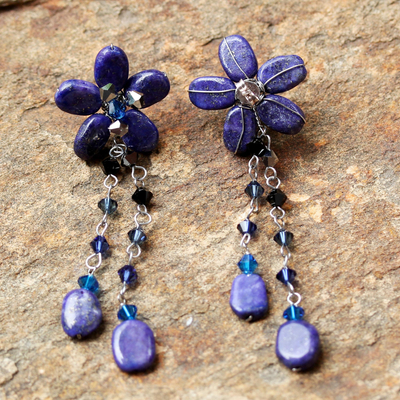 Lapis lazuli floral earrings, 'Blue Bouquet' - Beaded Lapis Lazuli Dangle Earrings