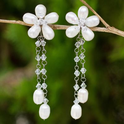Pearl flower earrings, 'Bouquet of Pearls' - Handcrafted Bridal Pearl Earrings