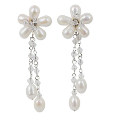 Pearl flower earrings, 'Bouquet of Pearls' - Handcrafted Bridal Pearl Earrings