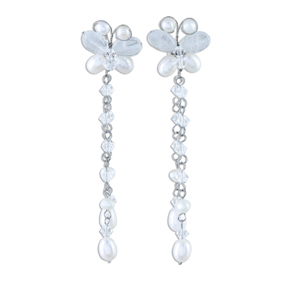 Pearl and quartz dangle earrings, 'Song of Summer' - Pearl and Quartz Beaded Earrings
