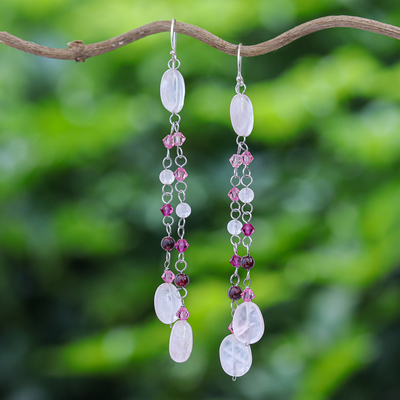 Rose quartz and garnet waterfall earrings, Strawberry Shower