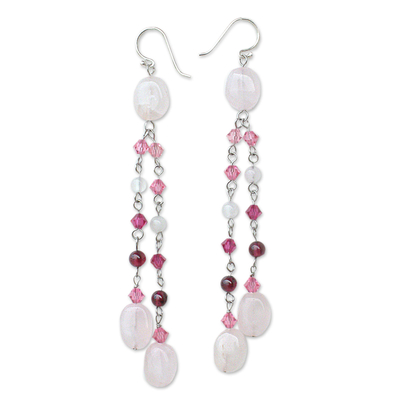 Rose quartz and garnet waterfall earrings, 'Strawberry Shower' - Unique Sterling Silver and Rose Quartz Earrings