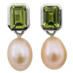 Pearl and peridot drop earrings, 'Attraction' - Pearl and Peridot Drop Earrings